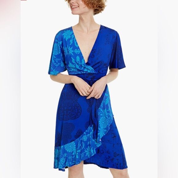 Desigual Women's Fedra V-neck Short Sleeve Vest Dress In Blue Size S - Picture 1 of 12